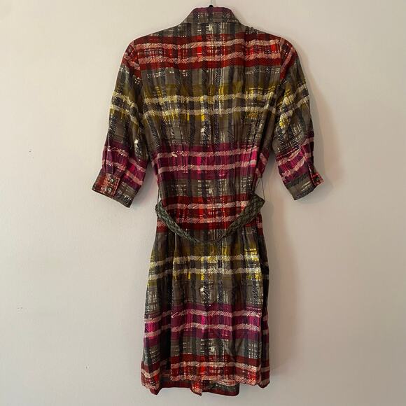 Trina Turk Red Brown Plaid Silk Knee Length Dress Button Down Belted 6 / Medium - Picture 7 of 11